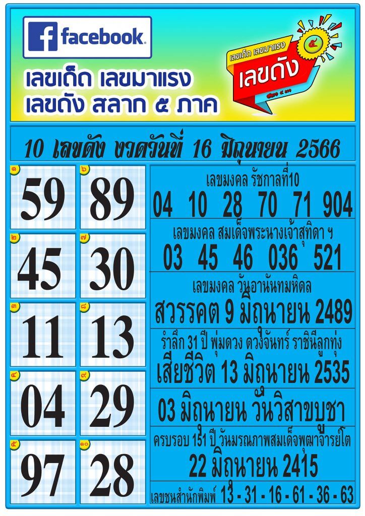 หวยเลขดังสลาก5ภาค 16-6-66